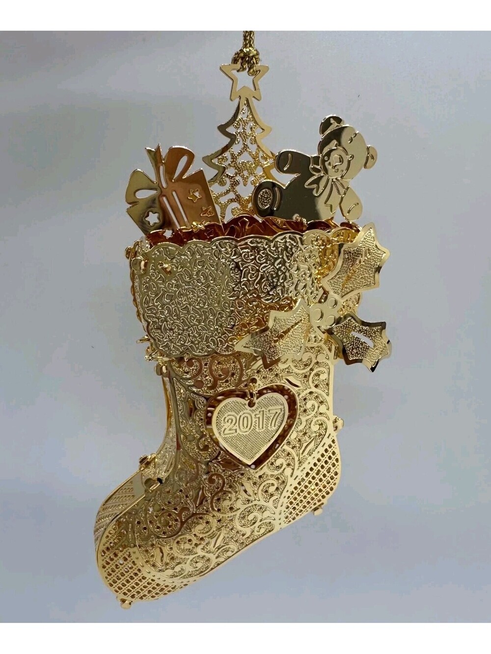 Danbury Mint 2017 Christmas Stocking Ornament 23K Gold Plated Teddy Bear EUC